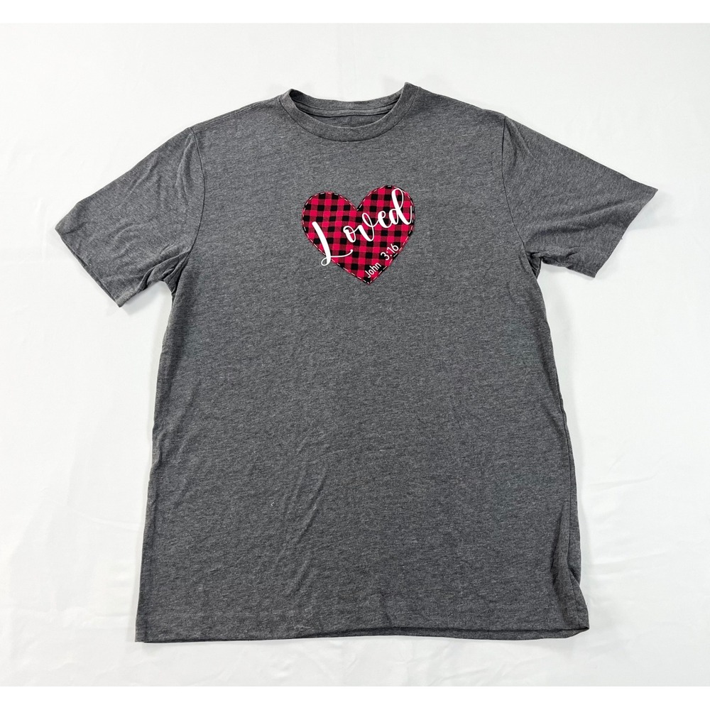 George Graphic T-Shirt Womens L Gray Custom Handmade Buffalo Plaid Heart Loved